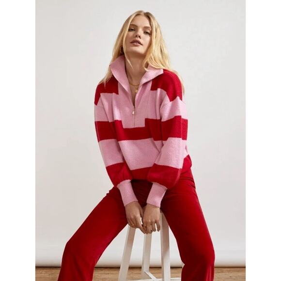 Kitri Pink Red Stripe Mohair Blend Quarter Zip Sweater Small - Picture 1 of 4